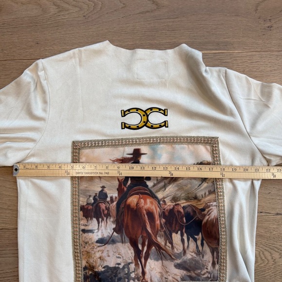 Vocal Lesal Upcycled Western Faux Suede Fringe Cardigan Cowgirl Graphic XL Cream - Picture 5 of 9